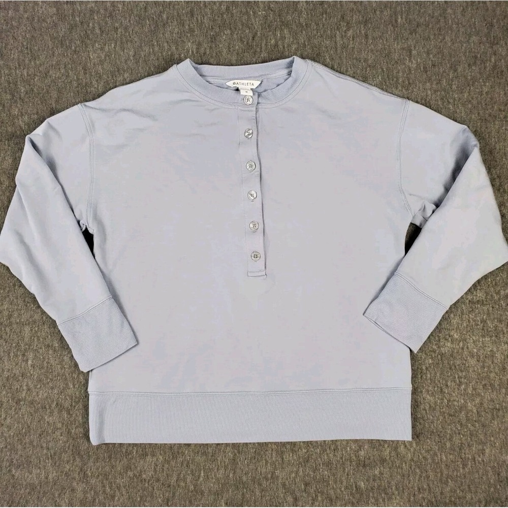 Athleta Sweater Womens Medium Balance Henley Sweatshirt Blue Plush Relaxed Fit‎